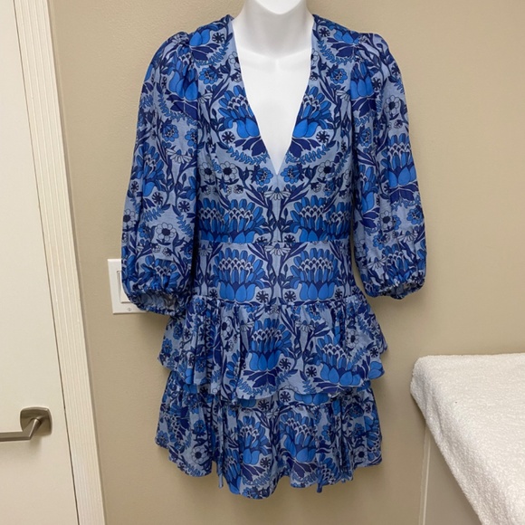 NEW! Sandro Linen Blend Mini Dress 3/4 Sleeves Blue Size 36 (or Small) - $520 - Picture 3 of 16